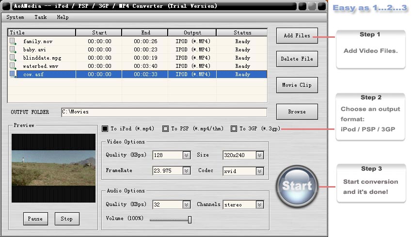 Click to view AoA iPod/iPad/iPhone/PSP Converter 4.1.2 screenshot